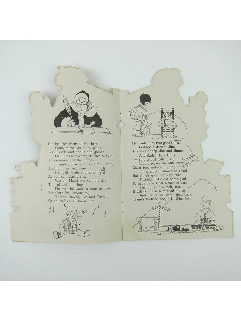 Antique Christmas Card Booklet Story Die-cut Santa Toys Rocking Horse Teddy Bear